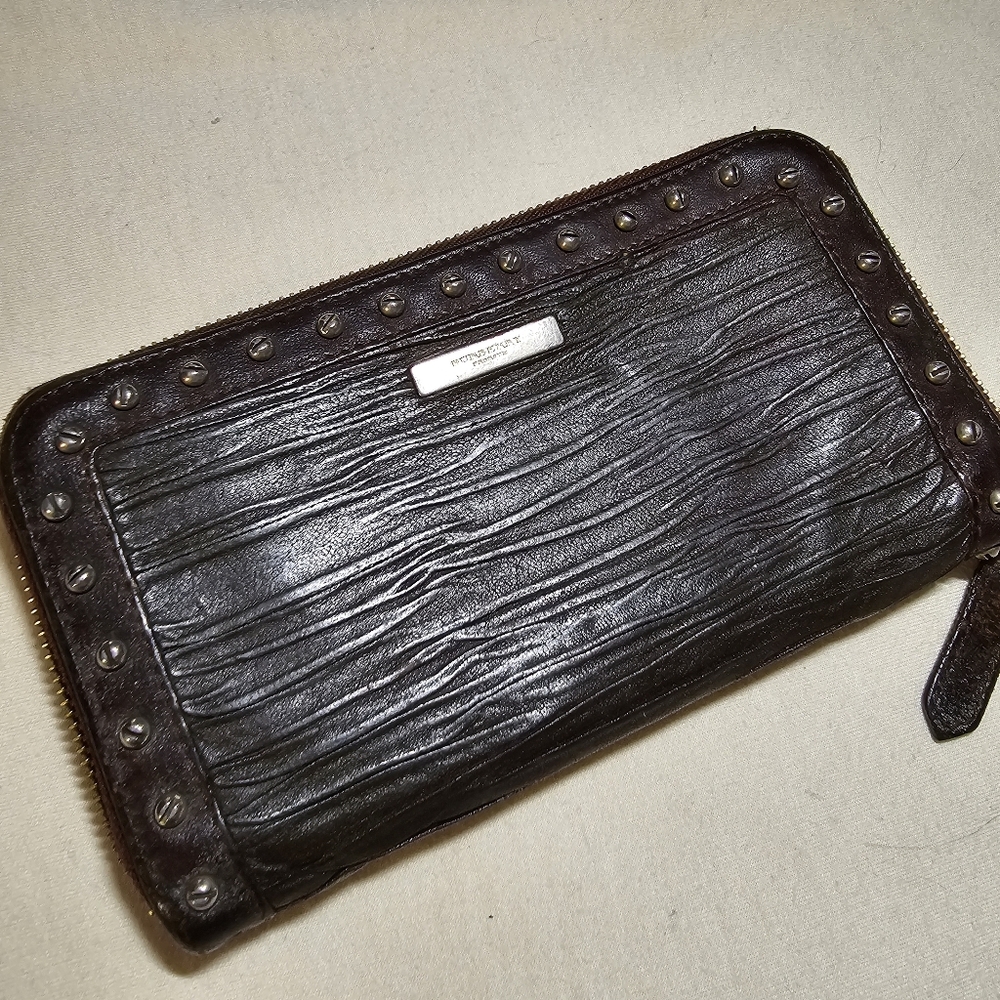 Authentic Burberry Brown Textured Leather Silver Studded Continental Wallet